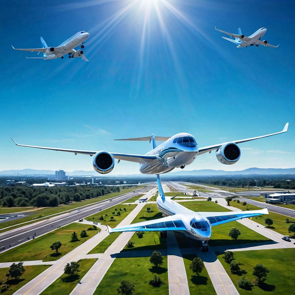 A futuristic airplane soaring through a clear blue sky, showcasing innovative designs like sleek wings and eco-friendly engines. Below, a bustling airport with advanced technology, drones, and green spaces, symbolizing a blend of nature and innovation. People are interacting with smart technology like holographic displays that represent flight data. The overall atmosphere is vibrant and optimistic, hinting at the future of aviation. super-realistic. vibrant colors. blue sky.