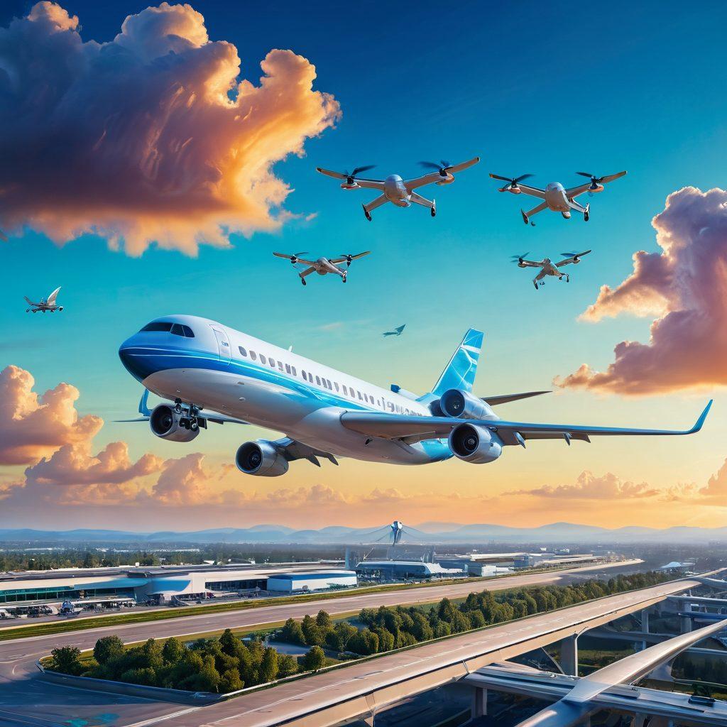 A futuristic airplane soaring through a vibrant sky filled with advanced drones and sleek flying vehicles. Below, a bustling modern airport showcasing innovative technologies like electric charging stations and automated baggage systems. The scene represents a harmonious blend of nature and technology with green energy solutions. Capture a sense of adventure and progress in the aviation industry. super-realistic. vibrant colors. blue sky.