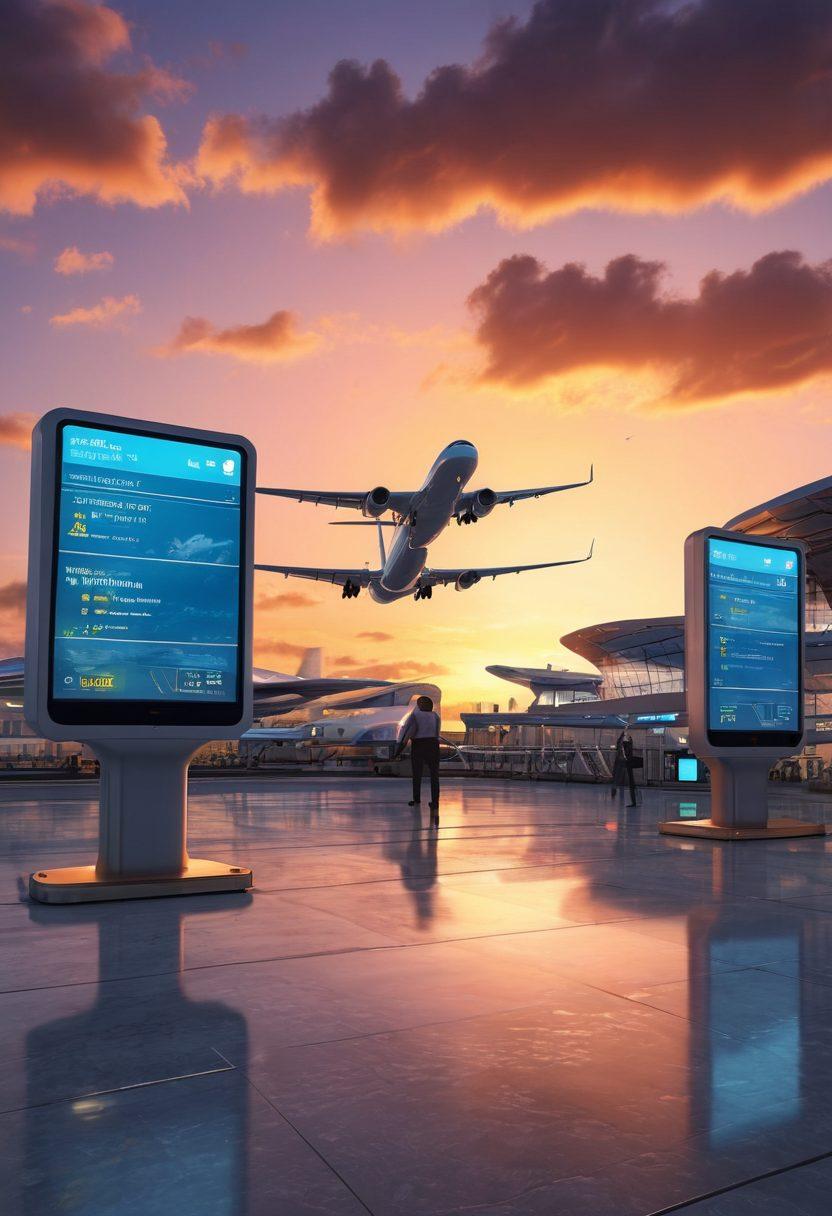 A futuristic airport scene showcasing various advanced technologies in airline management, including smart kiosks, automated baggage handling, and digital flight information displays. The environment should feel vibrant, bustling with travelers and staff using gadgets. Include a sleek airplane in the background with a sunset sky to symbolize transformation. The overall atmosphere should reflect progress and innovation in the aviation industry. super-realistic. vibrant colors. 3D.